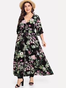 Trumpet Sleeve Tassel Button Front Dress