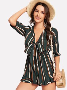 Knot Plunge Neck Striped Romper