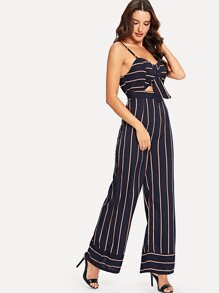 Cutout Knot Front Striped Palazzo Jumpsuit