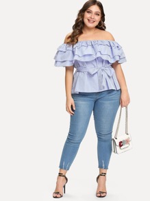 Flounce Layered Self Tie Plaid Blouse