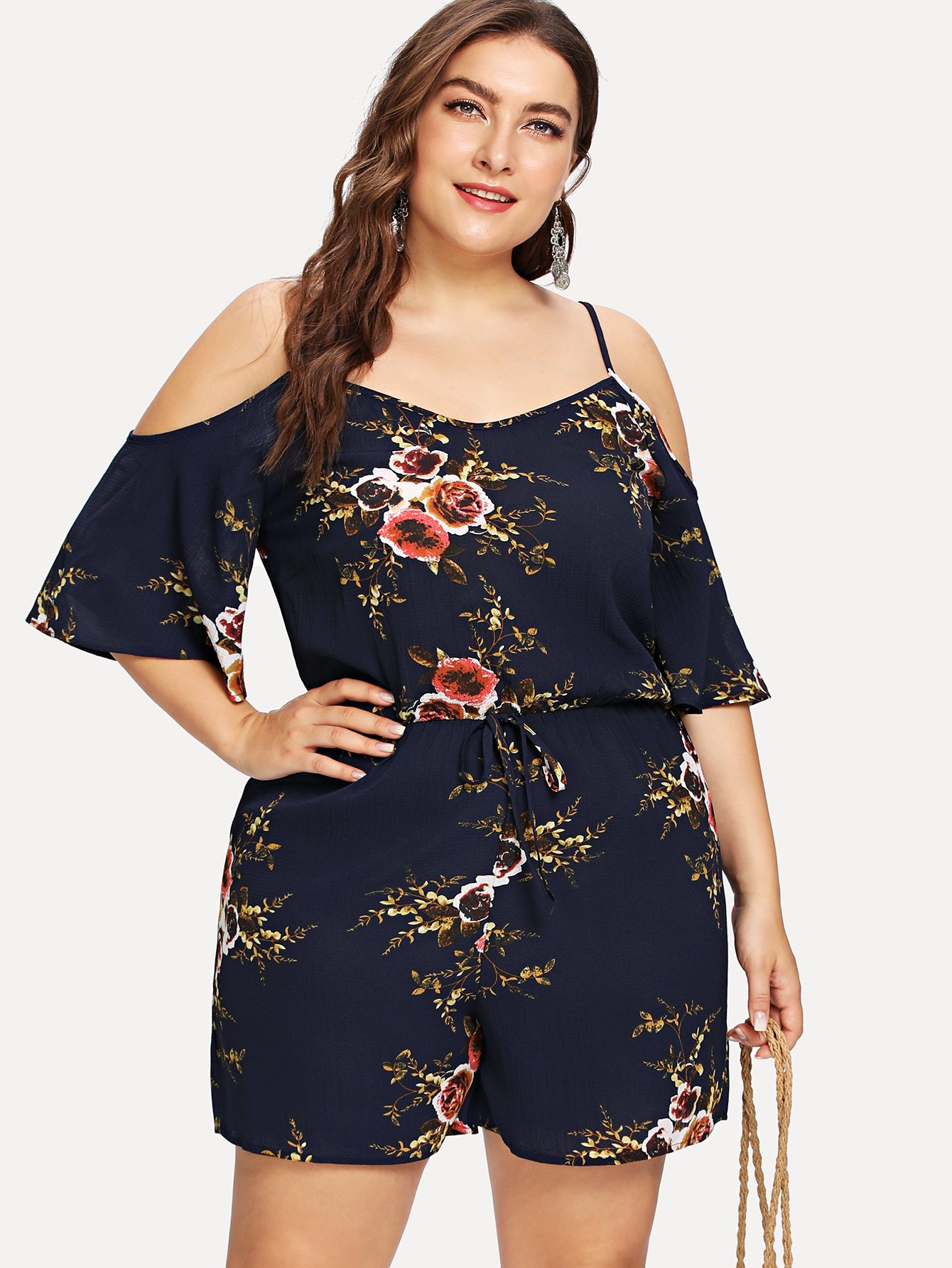 Plus Drawstring Floral Open Shoulder Jumpsuit