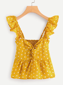 Twist Front Frill Trim Polka Dot Top