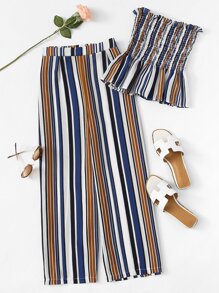 Ruffle Hem Striped Tube Top With Pants