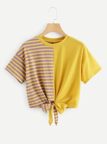 Striped Panel Knot Hem Tee