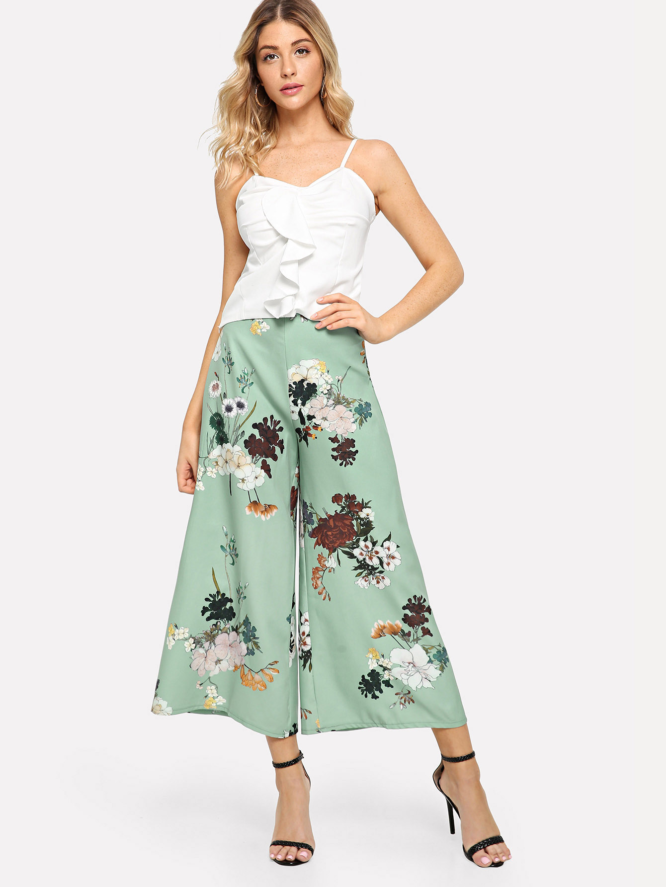 Твердые рябь Cami Top & Flower Print Широкие штаны для ног