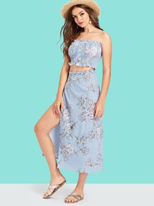 Button Detail Pleated Floral Tube Top With Skirt
