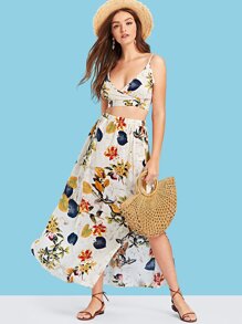 Botanical Print Surplice Wrap Crop Top and Skirt Set