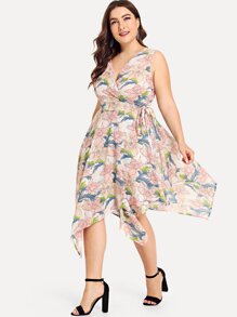 Plus Asymmetrical Hem Knot Side Floral Dress