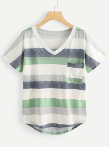 Pocket Patched Dip Hem Striped Tee