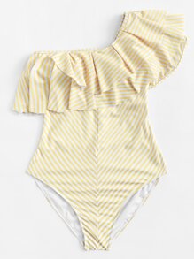 One Shoulder Striped Flounce Swimsuit