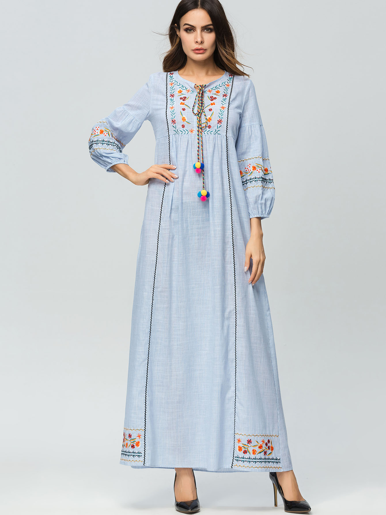 Striped Tie Neck Flower Embroidered Longline Dress