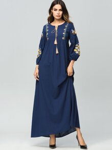 Flower Embroidered Tie Neck Longline Dress