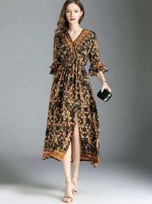 Graphic Print Split Pleated Wrap Dress
