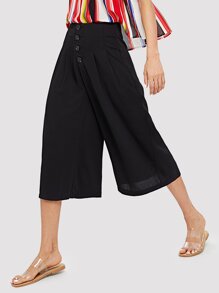 Wide Waist Button Embellished Wide Leg Pants