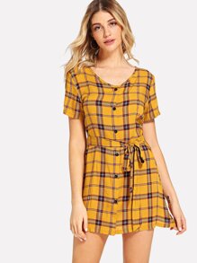 Single Breasted Self Tie Waist Plaid Dress