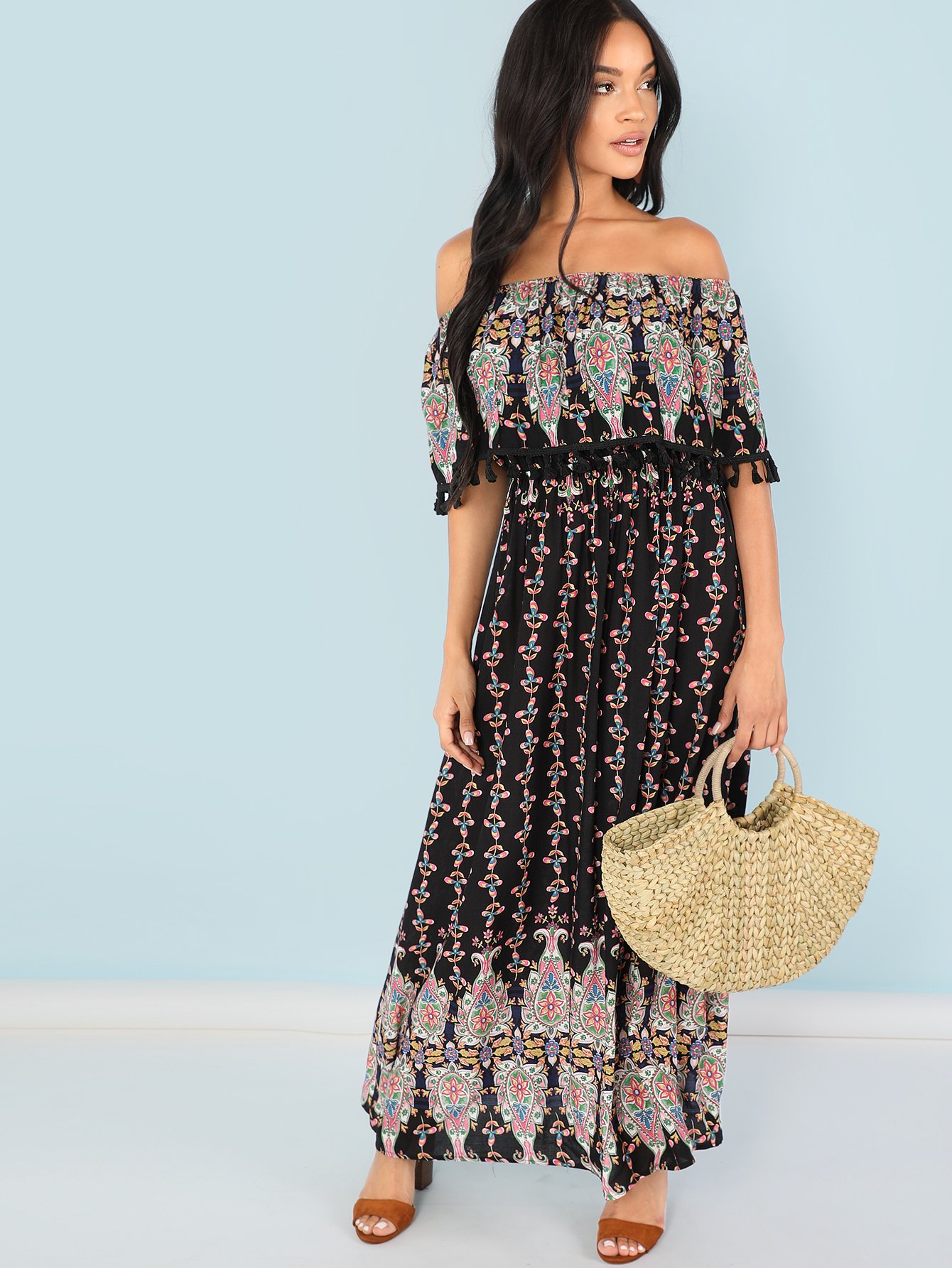 Tassel Embellished Flounce Foldover Front Tribal Dress