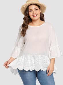 Laser Cut Insert Ruffle Dip Hem Blouse