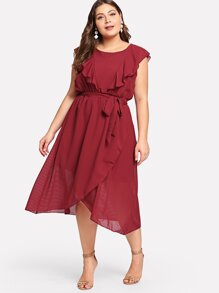 Flounce Trim Asymmetrical Wrap Hem Belted Dress