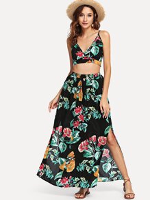 Botanical Print Surplice Wrap Crop Top and Skirt Set
