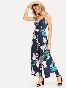 Surplice Wrap Floral Suspender Jumpsuit