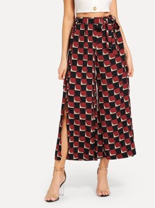 Split Side Tie Waist Plaid Wide Leg Pants