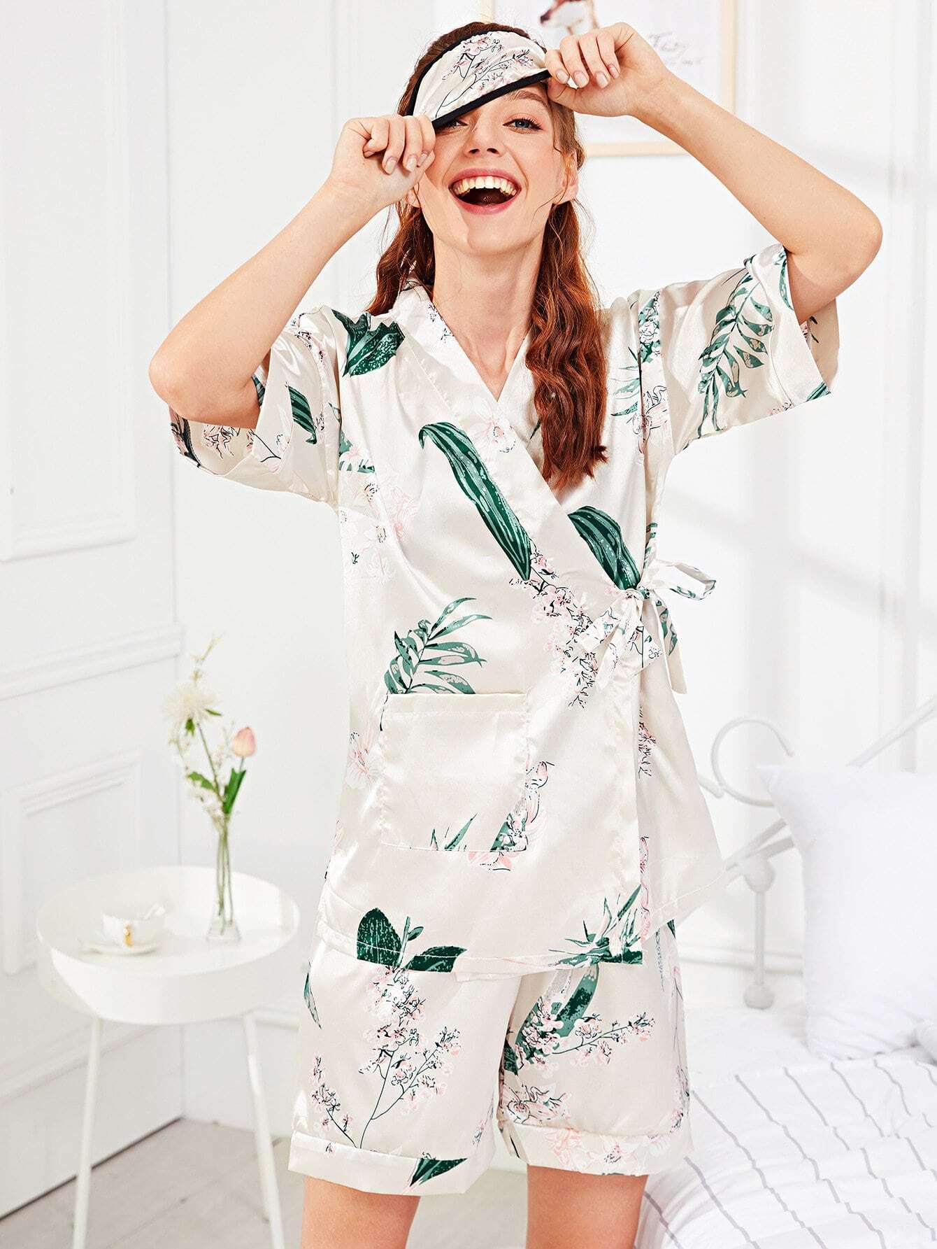 Flower Print Wrap Pajama Set With Eye Mask pineapple print pajama set with eye mask