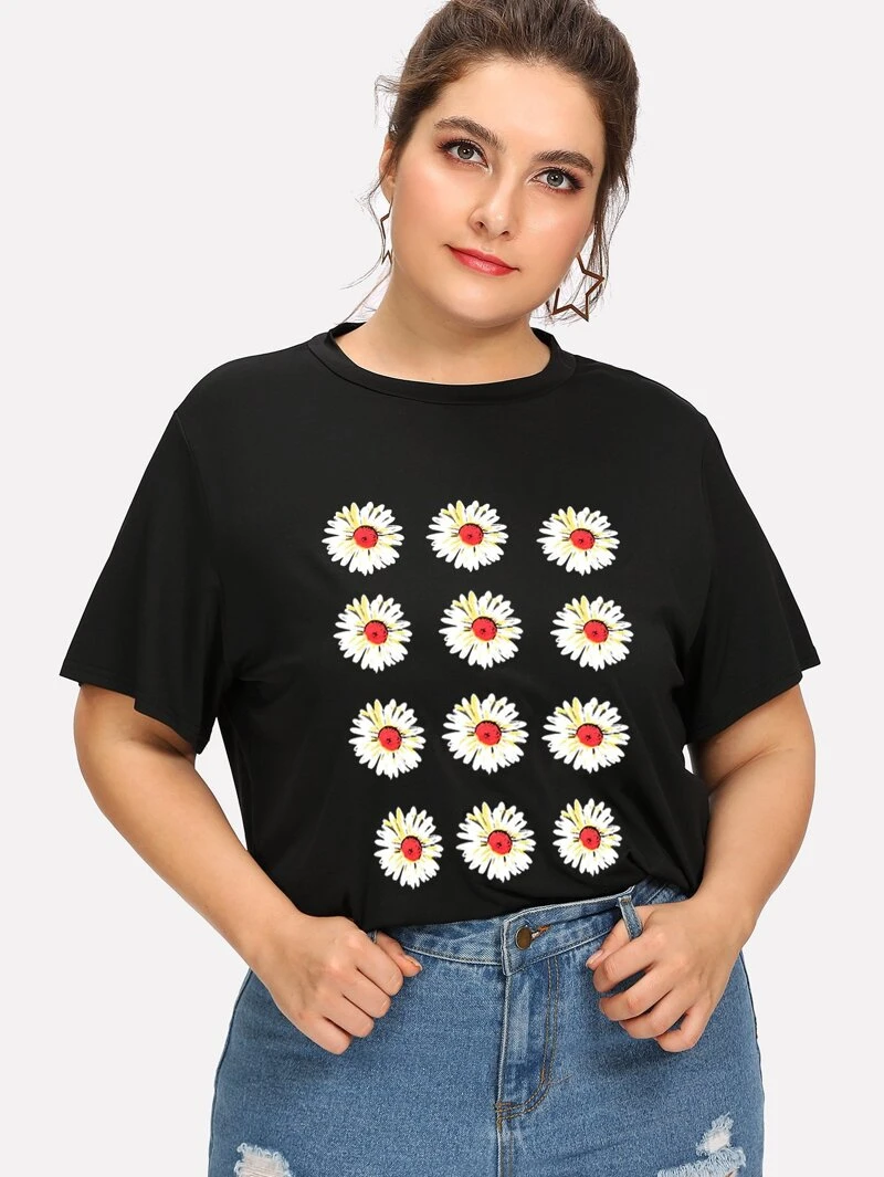 Daisy Print Short Neck TeeRound Sleeve Plus Sleeve Casual aPwRWqd