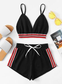 Striped Tape Panel Cami Top With Shorts