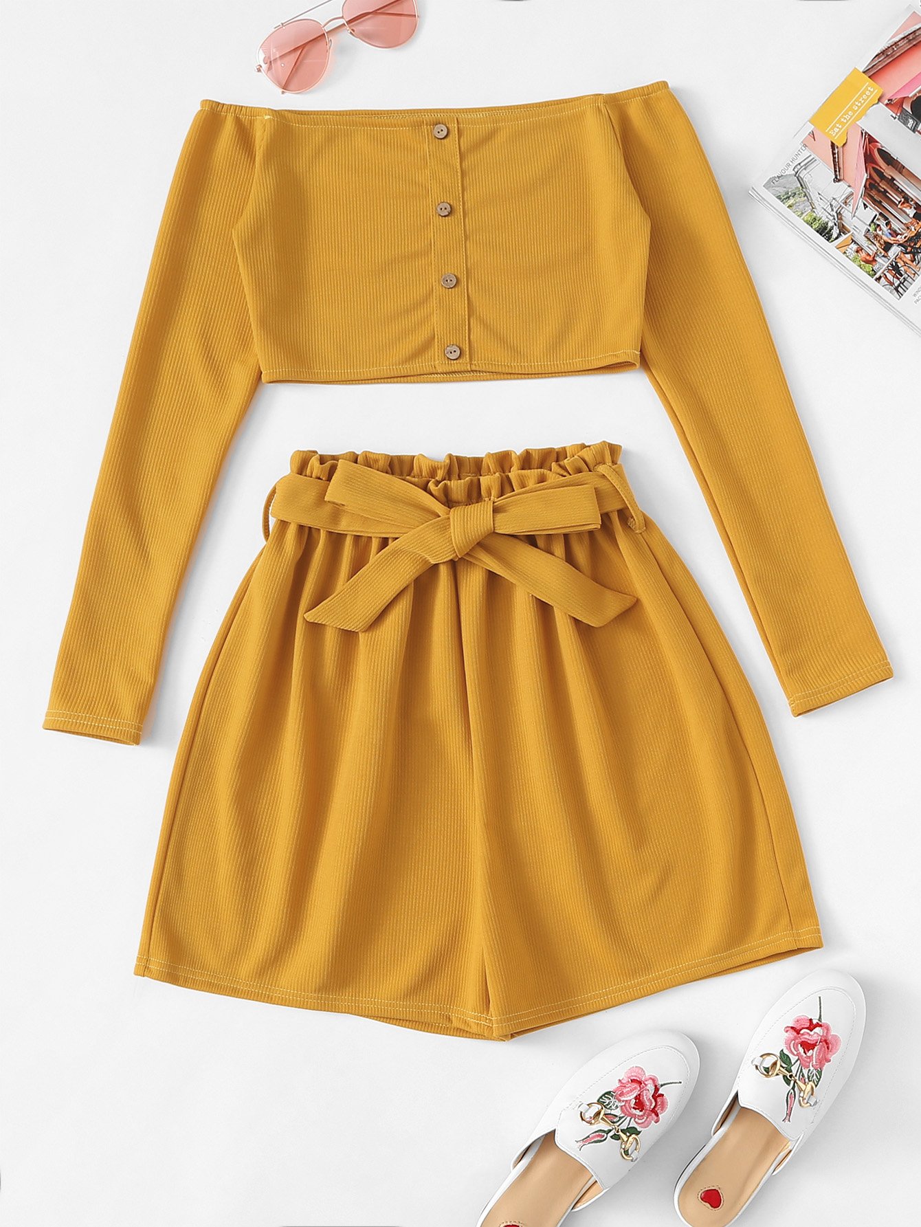 Off The Shoulder Button Frill Belted Two-piece Outfit