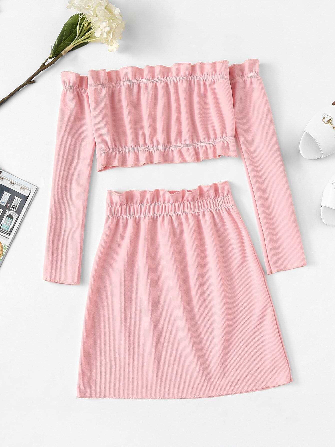 Frill Trim Off The Shoulder Two-piece Outfit