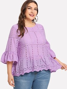 Trumpet Sleeve Eyelet Embroidered Ruffle Top