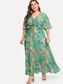 Bell Sleeve Flower Print Drawstring Dress