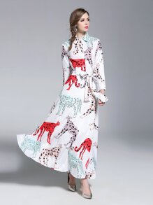 Animal Print Tie Waist Longline Shirt Dress