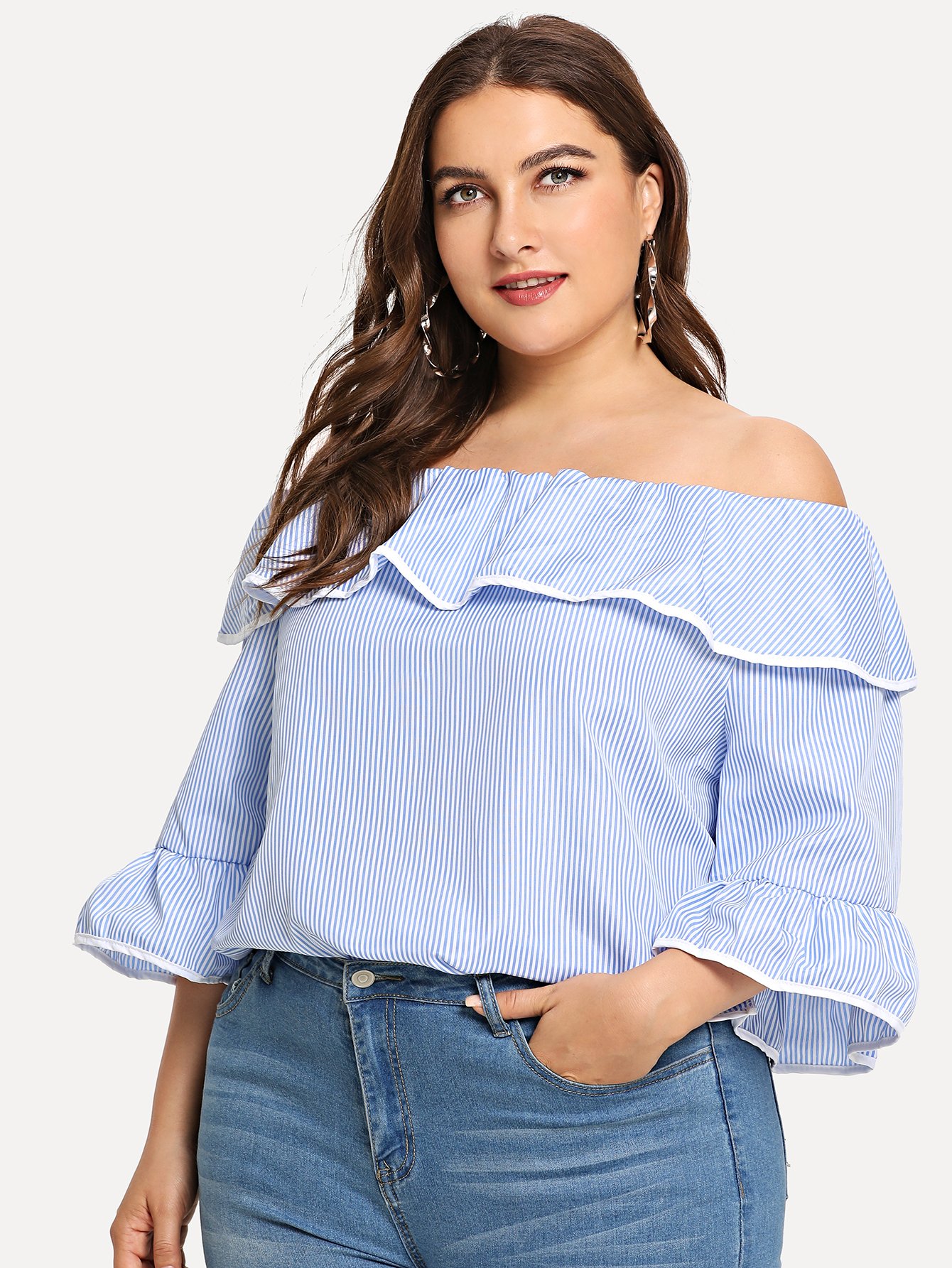Plus Contrast Binding Ruffle Layered Striped Top