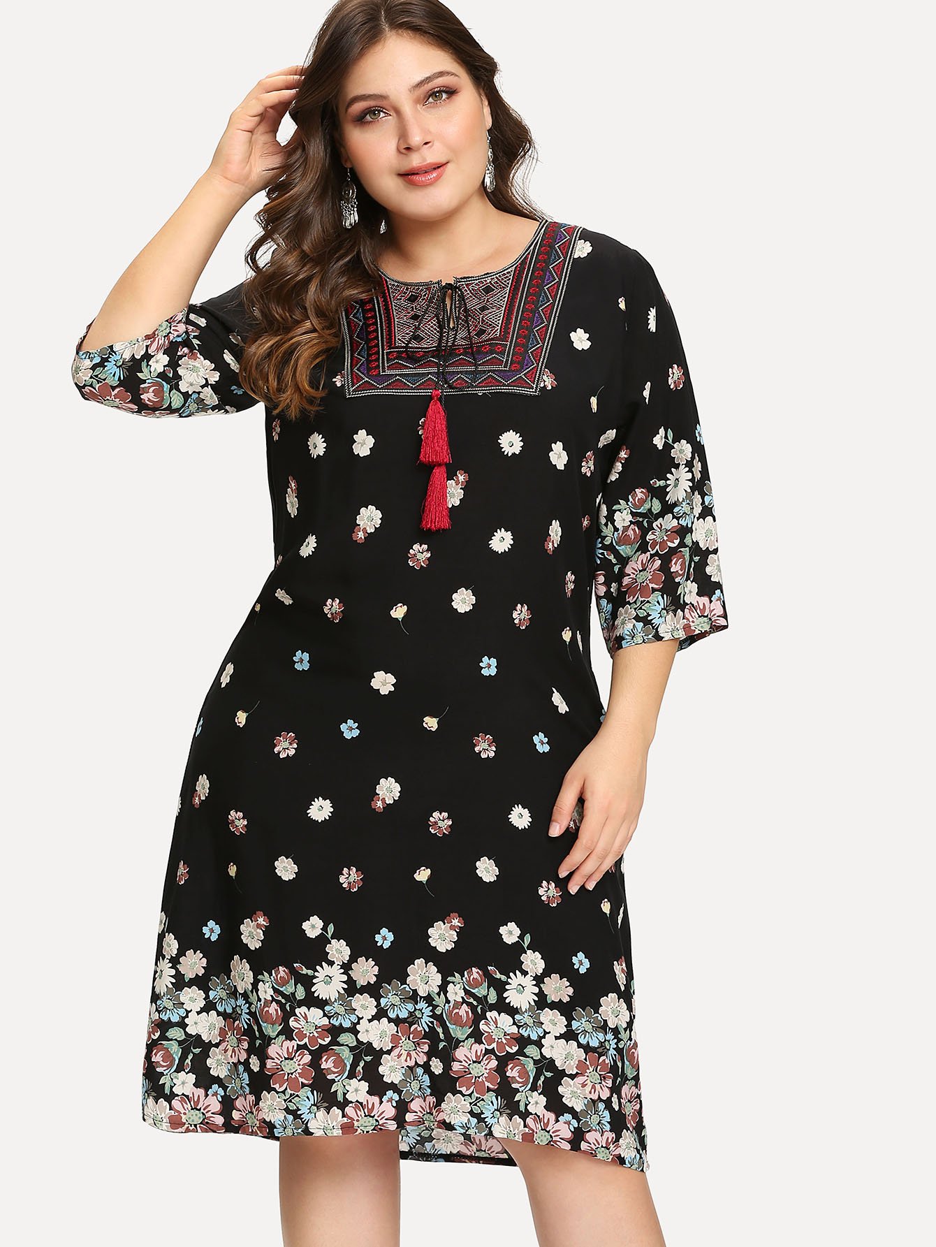 Plus Geo Embroidered Tassel Tie Florals Dress