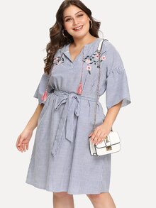 Plus Drop Shoulder Embroidery Striped Dress