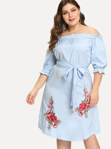 Plus Bardot Frill Trim Embroidery Belted Dress