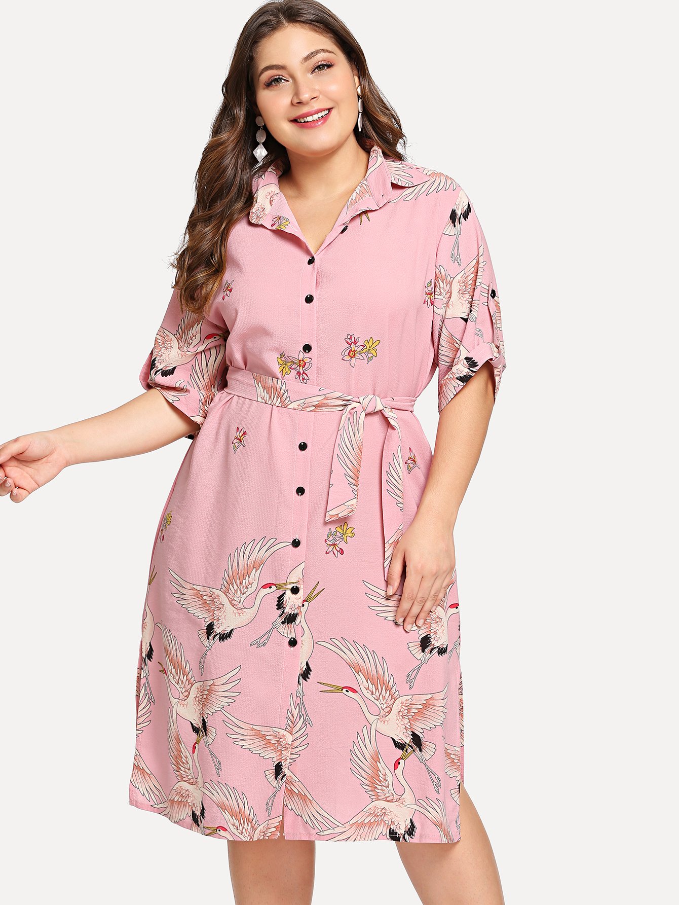 все цены на Plus Cranes Print Slit Side Shirt Dress онлайн