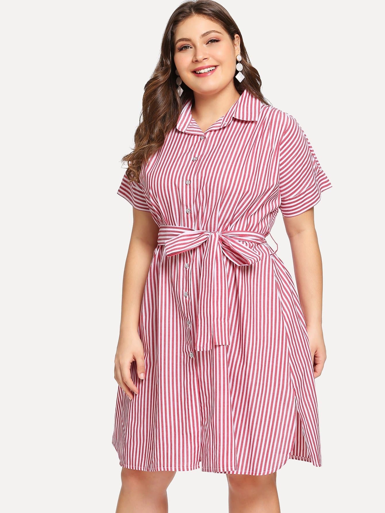 все цены на Plus Vertical-Striped Slit Side Shirt Dress онлайн