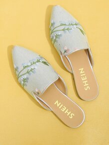 Calico Embroidered Denim Mule Flats