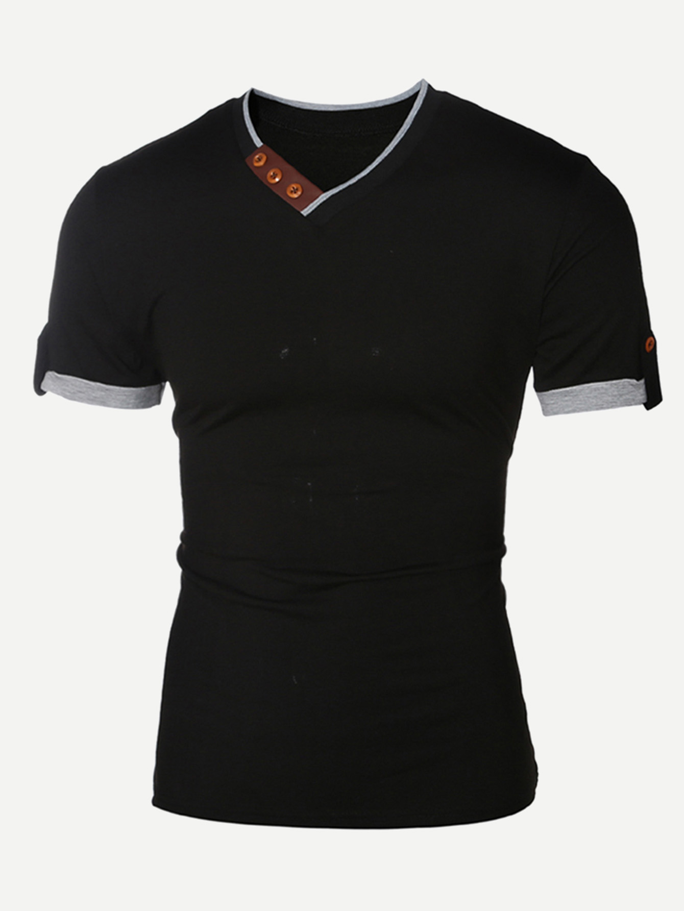Men Button Detail Roll-up Sleeve Solid T-shirt