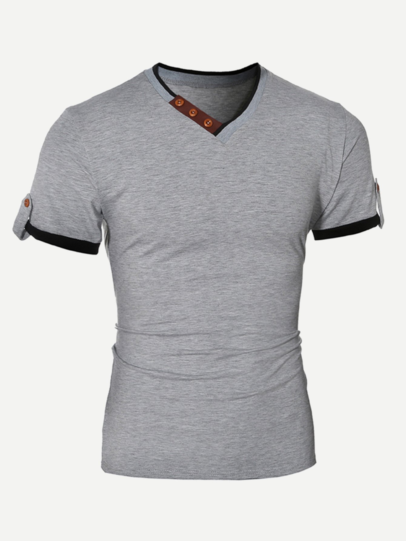 Men Button Detail Roll-up Sleeve Solid T-shirt