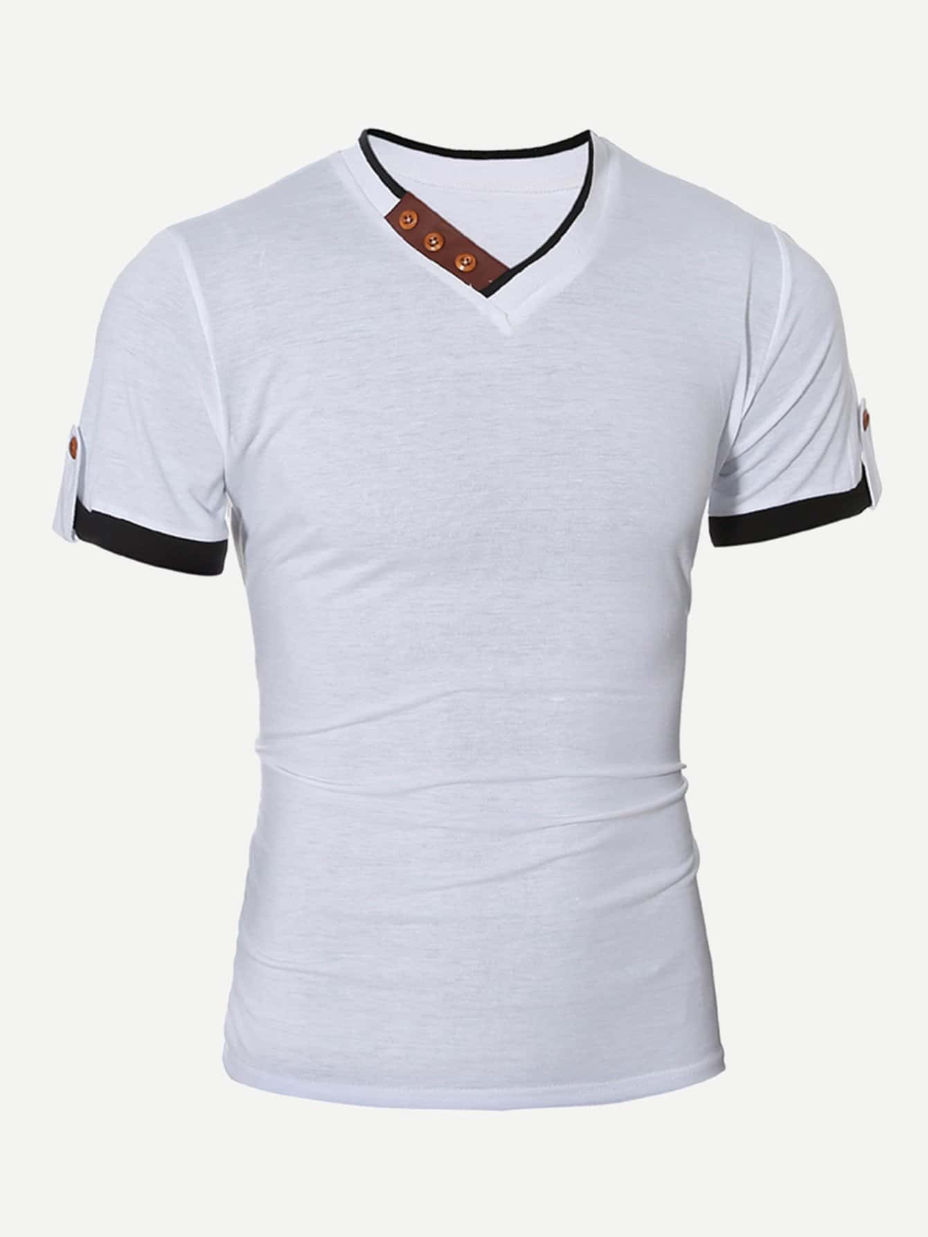 Men Button Detail Roll-up Sleeve Solid T-shirt