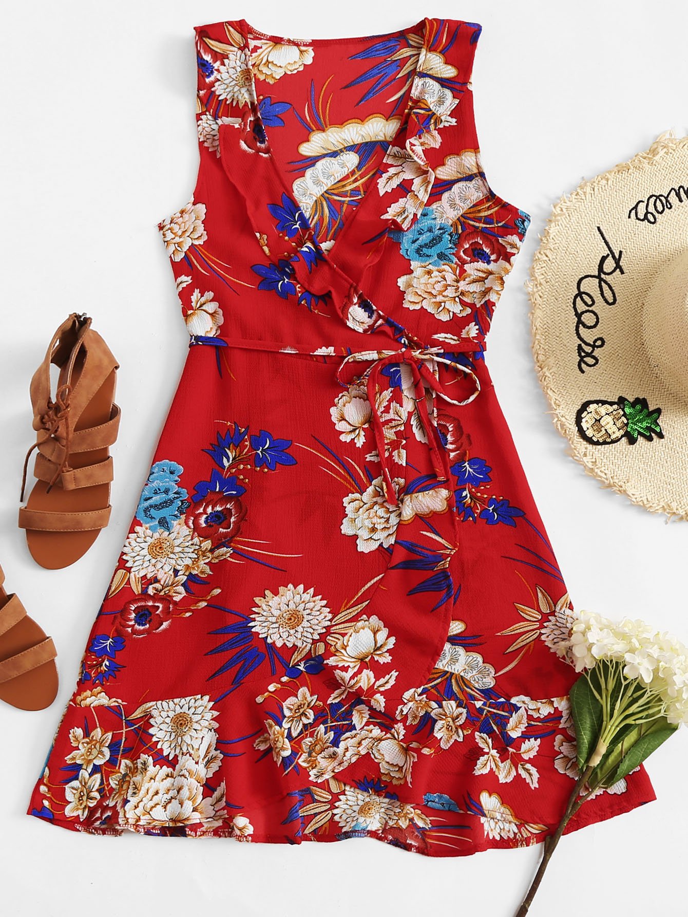 Floral Print Ruffle Trim Wrap Knot Asymmetrical Dress