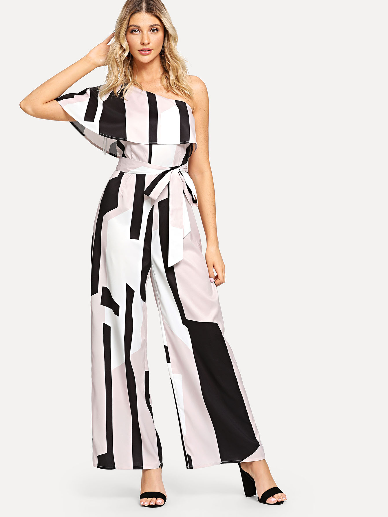 Один плечо Foldover Front Self Belted Palazzo Jumpsuit