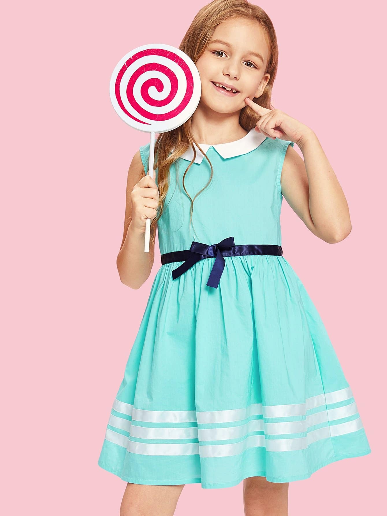 Девушки Zip Back Contrast Collar Bow Front Dress