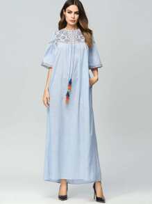 Graphic Embroidered Tie Waist Longline Dress