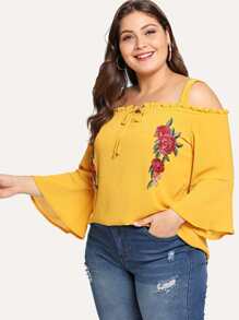 Embroidered Flower Applique Bell Sleeve Cold Shoulder Top
