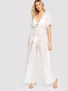 Silver Print Plunge Neck Kimono Jumpsuit