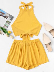Knot Back Halter Top & Wide Leg Shorts Set